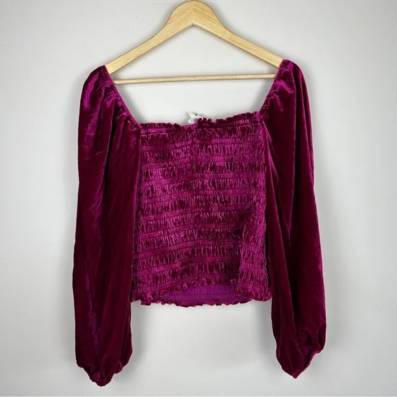 Anthropologie Smocked Puff Sleeve Square Neck Velvet Top - Picture 3 of 7